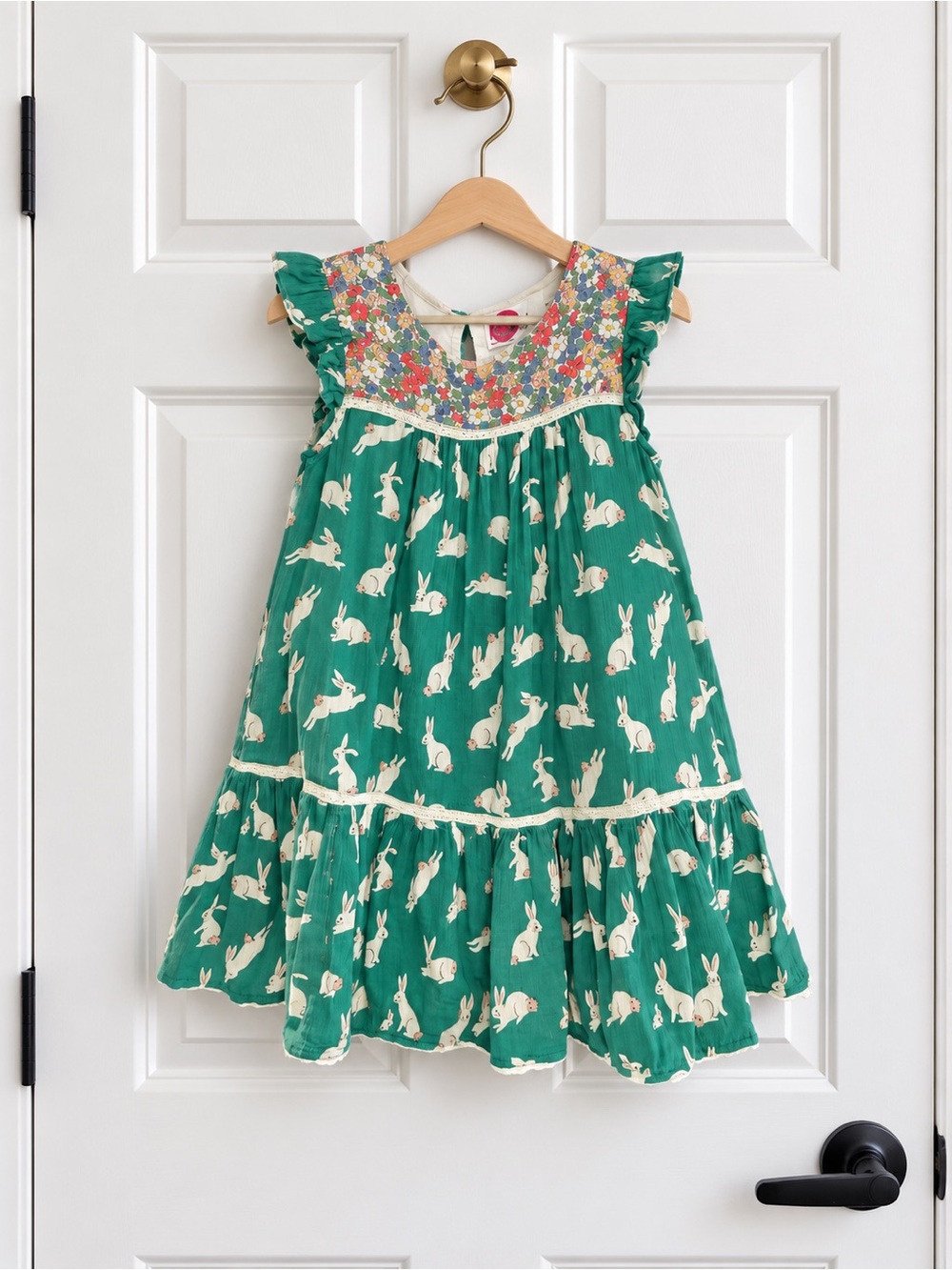 Mini Boden Bunny Rabbit Floral Dress Green 4-5Y 110 Matching Sibling